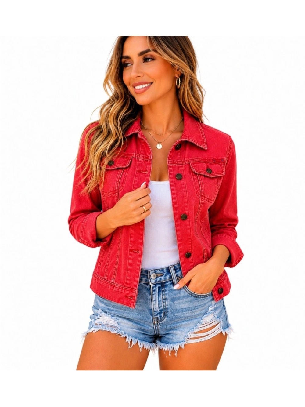 Lauren Ralph Lauren Red Denim Jacket Women’s Medium Stretch Cotton Trucker Jean